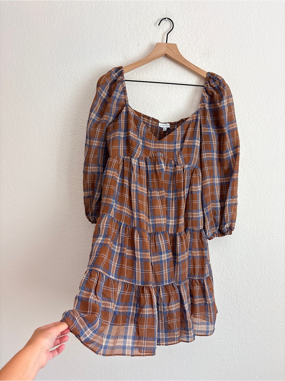 Gianni Bini Fall Plaid Puff-Sleeve Tiered Mini Dress Brown - Picture 8 of 11